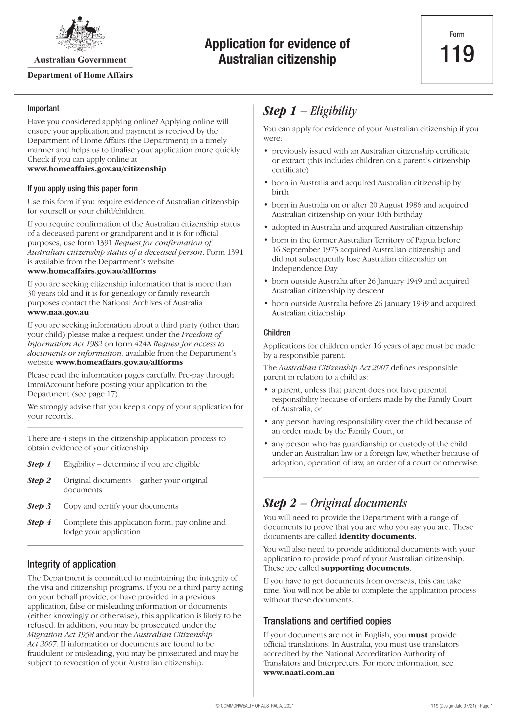 Form 119 Application for Evidence of Australian Citizenship DocsLib