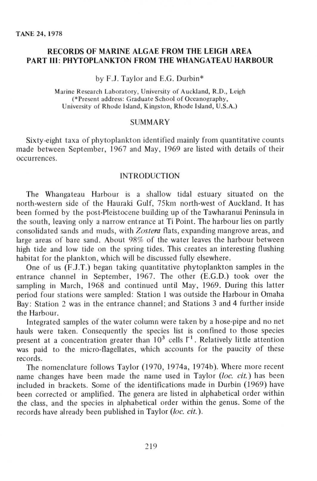 Records of Marine Algae from the Leigh Area. Part III. Phytoplankton