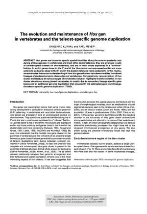 The Evolution and Maintenance of Hox Gen in Vertebrates and the Teleost-Specific Genome Duplication