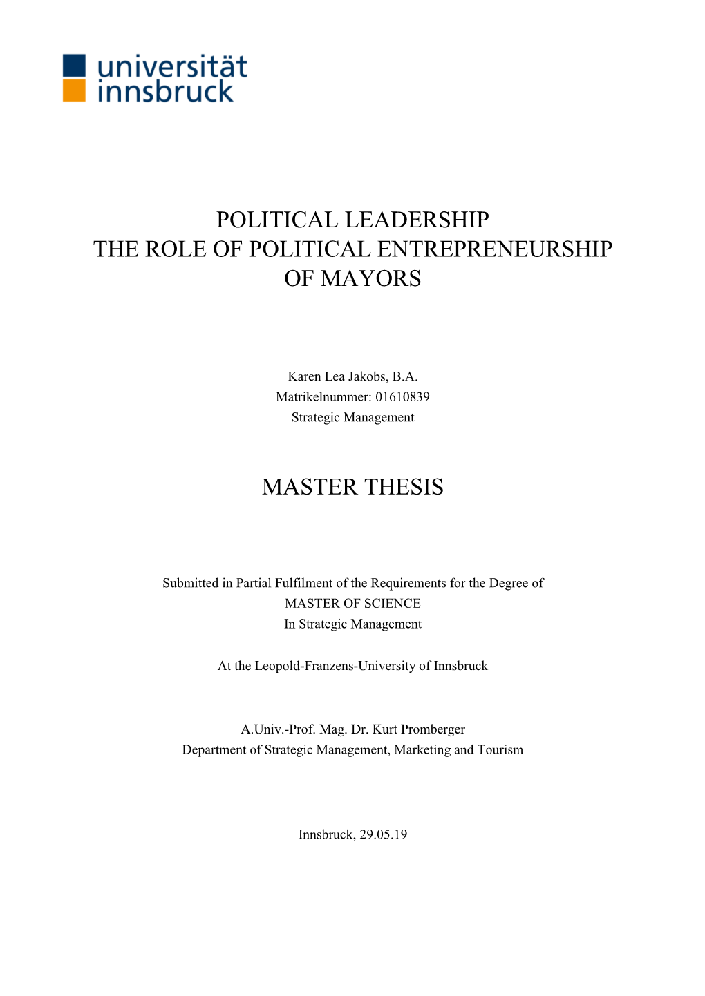 Political Leadership the Role of Political Entrepreneurship of Mayors