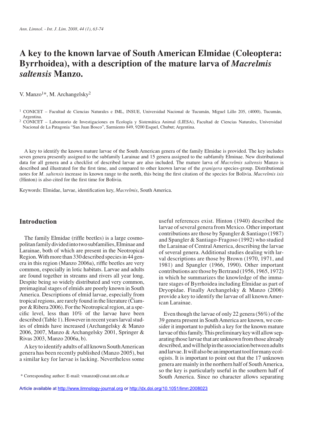 Coleoptera: Byrrhoidea), with a Description of the Mature Larva of Macrelmis Saltensis Manzo