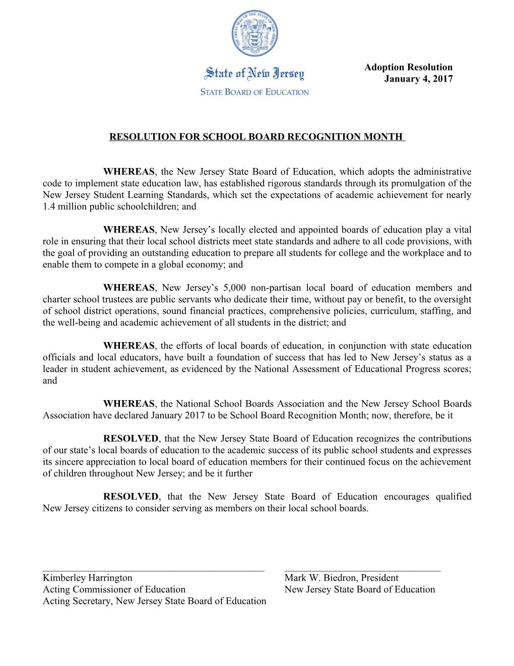 Resolution for School Board Recognition Month