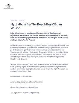 Nytt Album Fra the Beach Boys' Brian Wilson