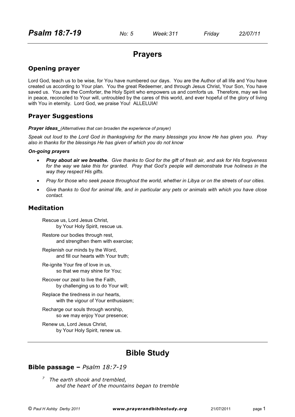 Psalm 18:7-19 No: 5 Week:311 Friday 22/07/11