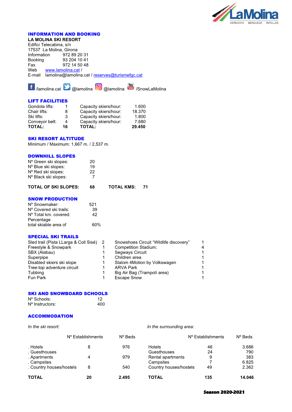 Season 2020-2021 INFORMATION and BOOKING LA MOLINA SKI