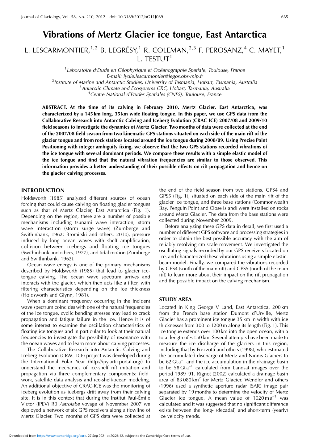 Vibrations of Mertz Glacier Ice Tongue, East Antarctica