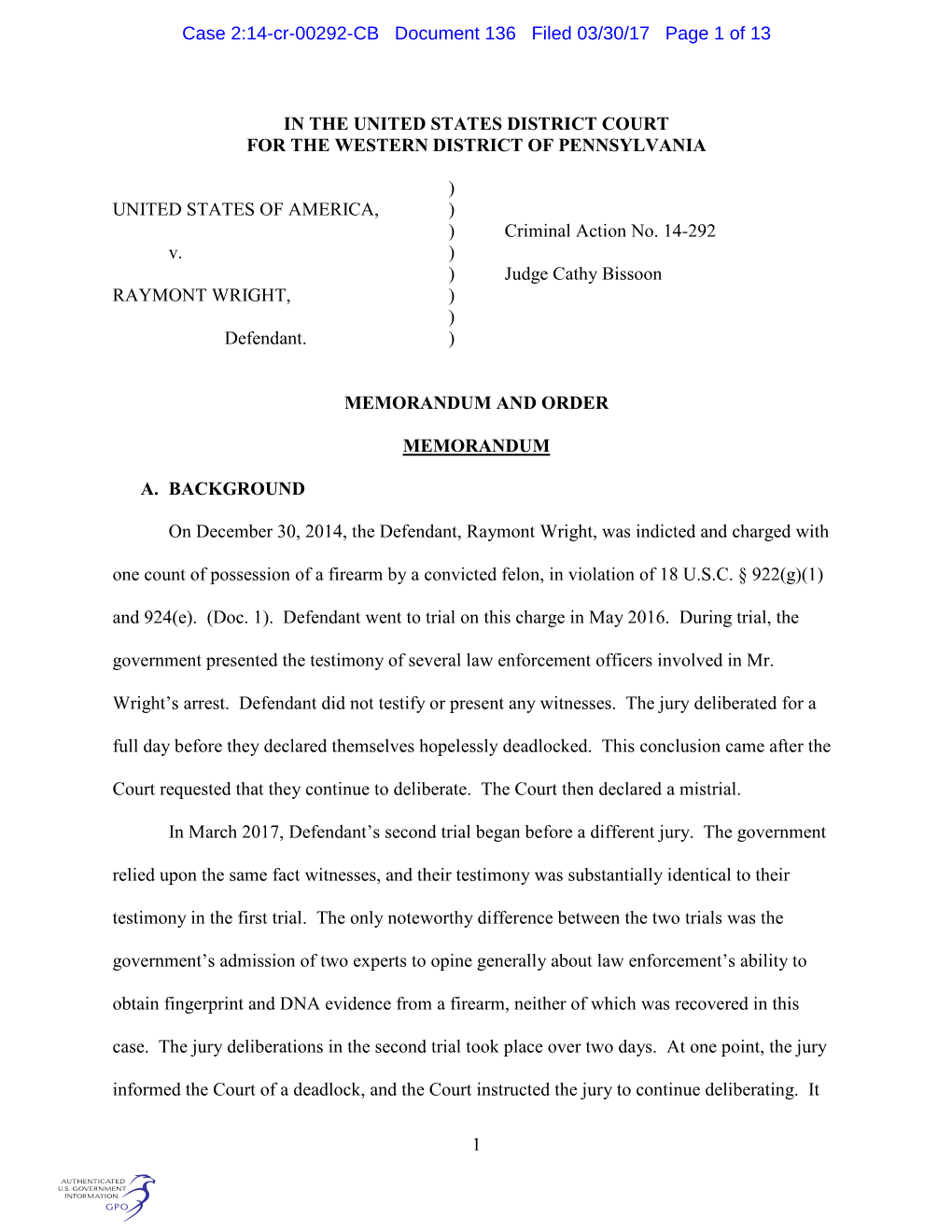 Case 2:14-Cr-00292-CB Document 136 Filed 03/30/17 Page 1 of 13