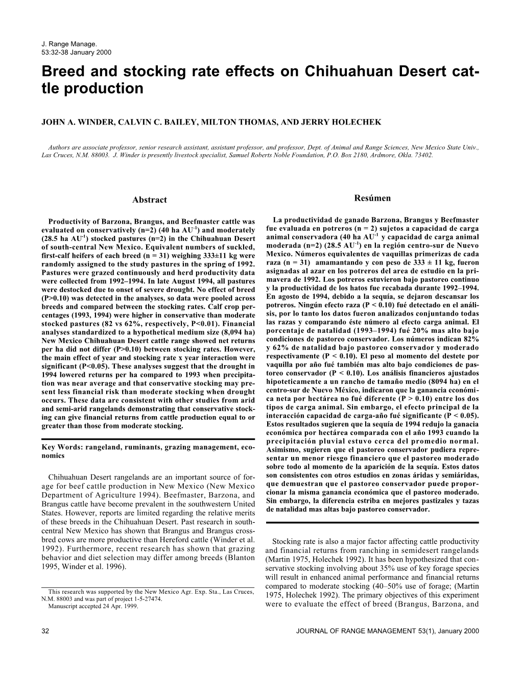 Breed and Stocking Rate Effects on Chihuahuan Desert Cat- Tle Production