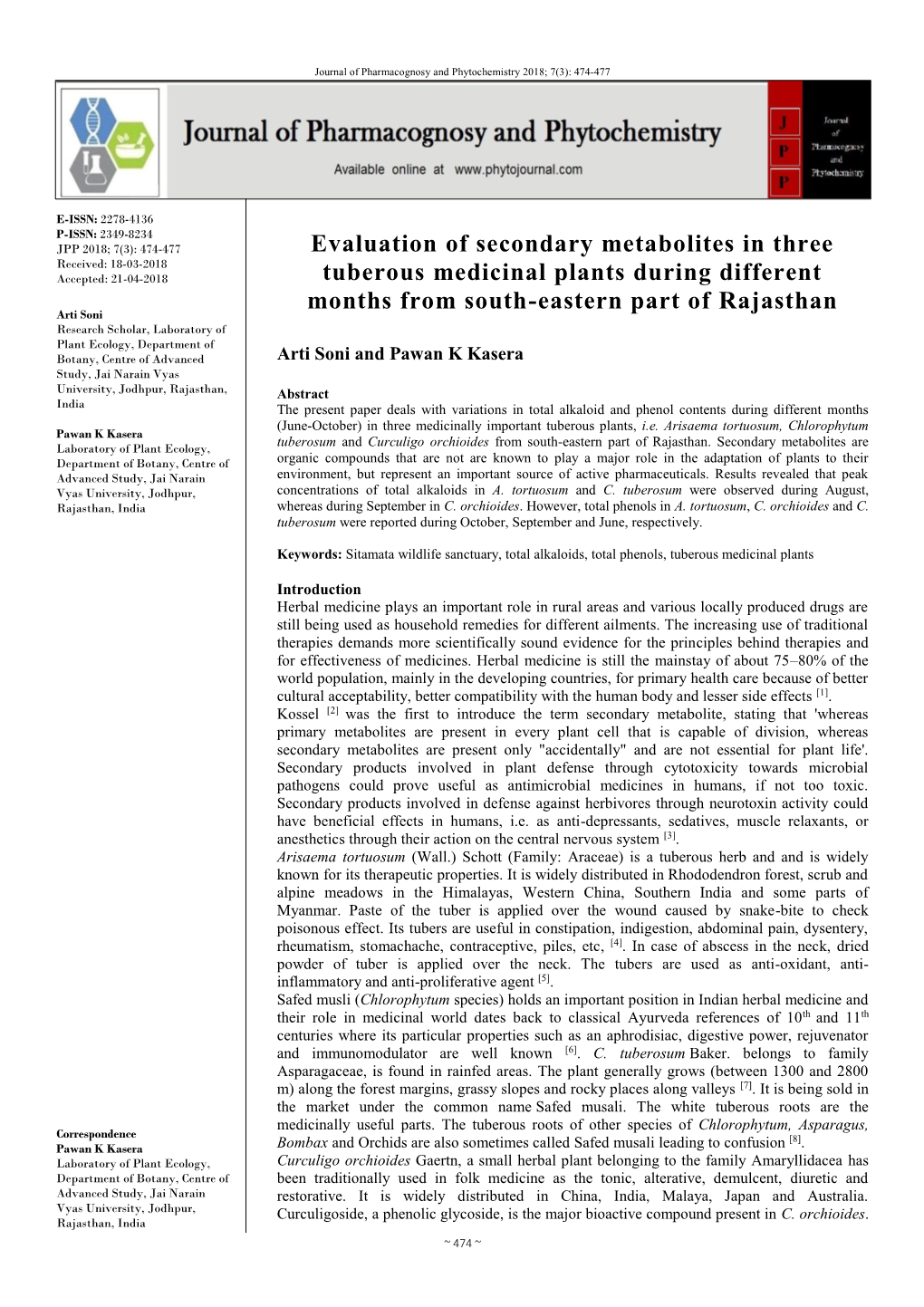 Evaluation of Secondary Metabolites in Three Tuberous Medicinal Plants
