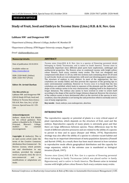 Study of Fruit, Seed and Embryo in Tecoma Stans (Linn.) H.B. & K. Nov