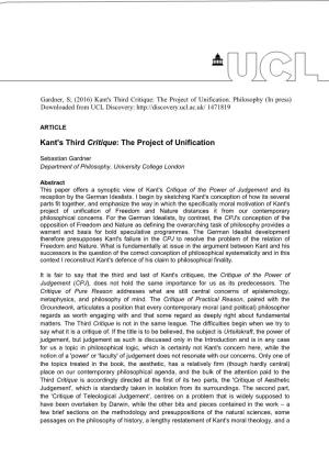 Kant's Third Critique: the Project of Unification