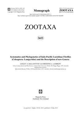 Systematics and Phylogenetics of Indo-Pacific Luciolinae Fireflies (Coleoptera: Lampyridae) and the Description of New Genera