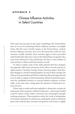 Chinese Influence Activities in Select Countries
