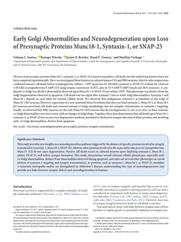 Early Golgi Abnormalities and Neurodegeneration Upon Loss of Presynaptic Proteins Munc18-1, Syntaxin-1, Or SNAP-25