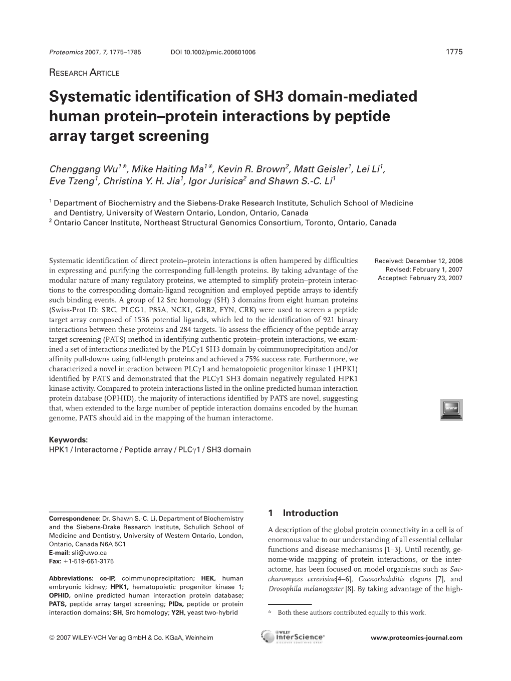 Systematic Identification of SH3 Domain-Mediated Human Protein–Protein Interactions by Peptide Array Target Screening