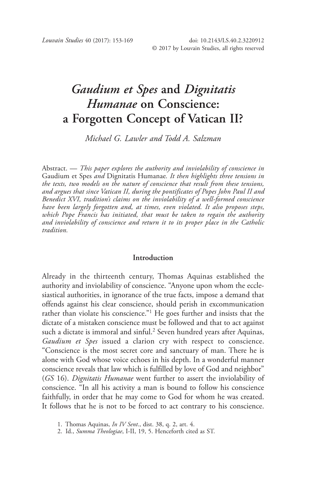 Gaudium Et Spes and Dignitatis Humanae on Conscience: a Forgotten Concept of Vatican II?