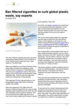 Ban Filtered Cigarettes to Curb Global Plastic Waste, Say Experts 23 October 2019
