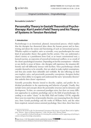 Personality Theory in Gestalt Theoretical Psycho- Therapy: Kurt Lewin’S Field Theory and His Theory of Systems in Tension Revisited