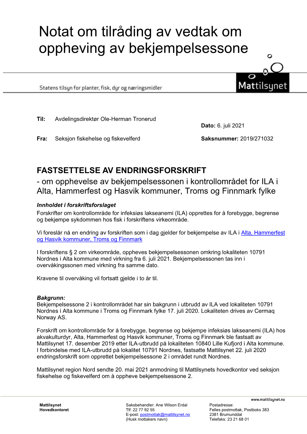 Opphevelse Av Bekjempelsessonen for ILA Alta Hammerfest Og Hasvik