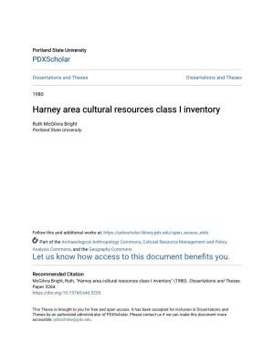 Harney Area Cultural Resources Class I Inventory