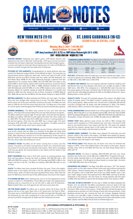 New York Mets (11-11) St. Louis Cardinals (16-12) Tied for First Place, Nl East, -- Second Place, Nl Central, 1.0 Gb