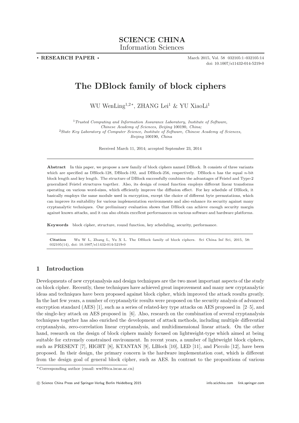 The Dblock Family of Block Ciphers