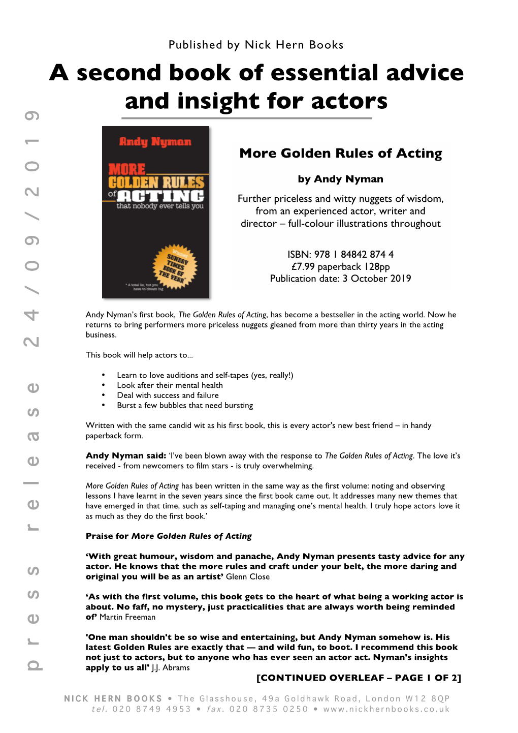 A Second Book of Essential Advice and Insight for Actors More Golden