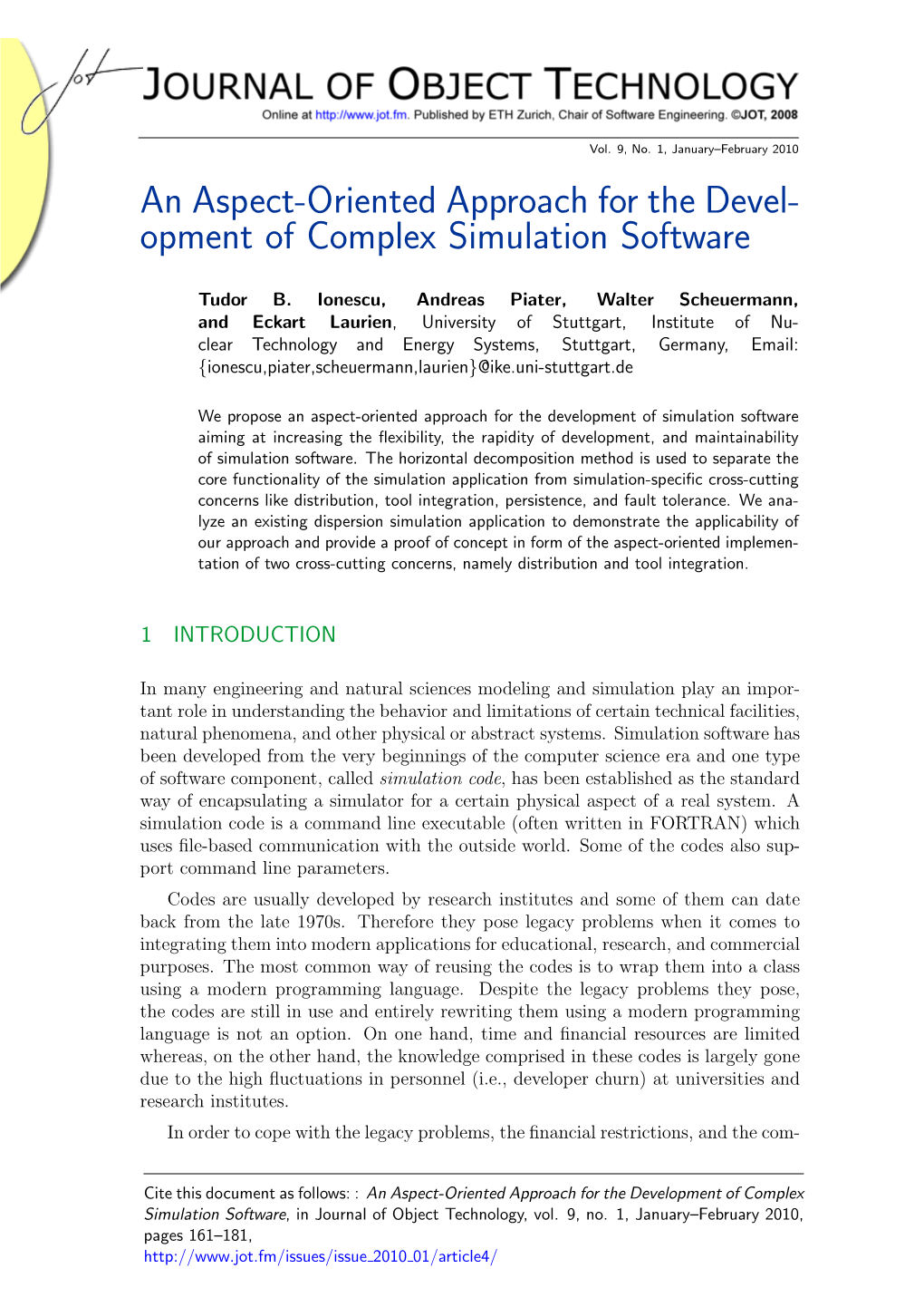 An Aspect-Oriented Approach for the Devel- Opment of Complex Simulation Software