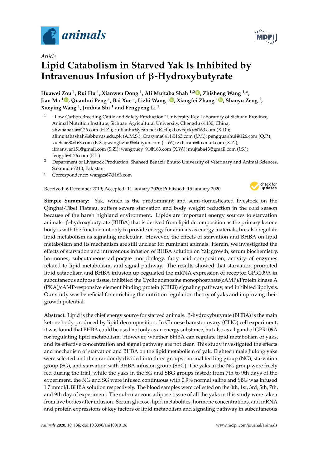 Lipid Catabolism in Starved Yak Is Inhibited by Intravenous Infusion of Β-Hydroxybutyrate