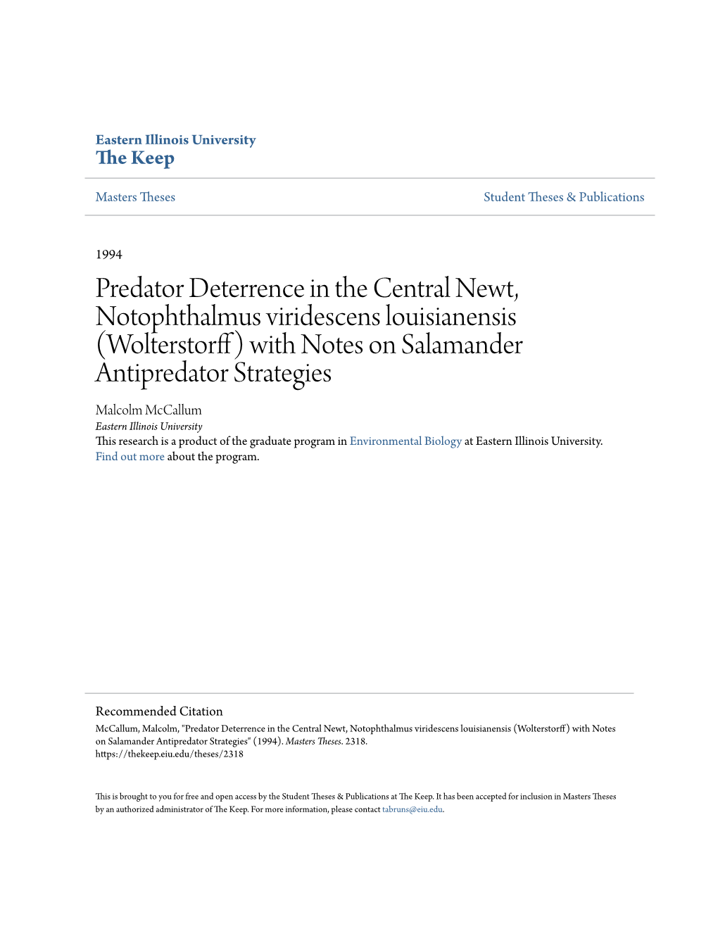 Predator Deterrence in the Central Newt, Notophthalmus Viridescens Louisianensis (Wolterstorff) with Notes on Salamander Antipre