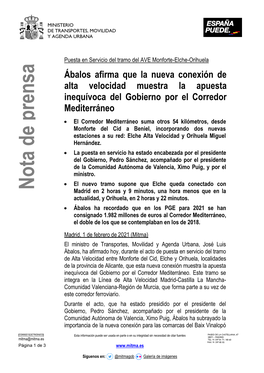 Nota De Prensa Madrid En 2 Horas Y 9 Minutos, Una Hora Menos Que En La Actualidad, Y Orihuela, En 2 Horas Y 22 Minutos