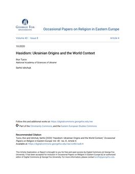 Hasidism: Ukrainian Origins and the World Context