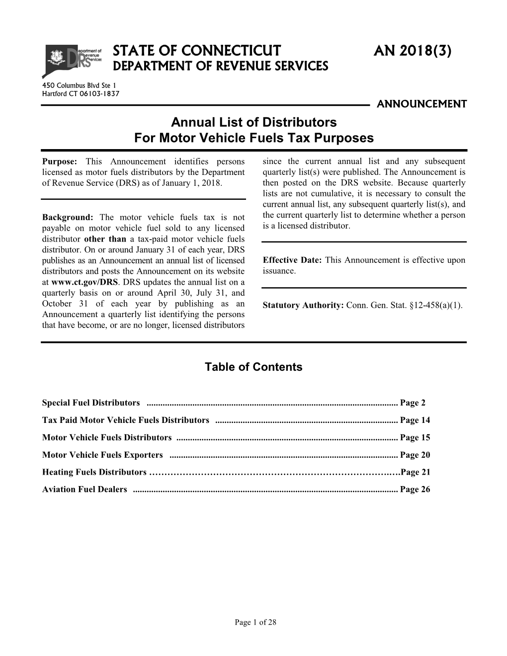 STATE of CONNECTICUT an 2018(3) Annual List of Distributors