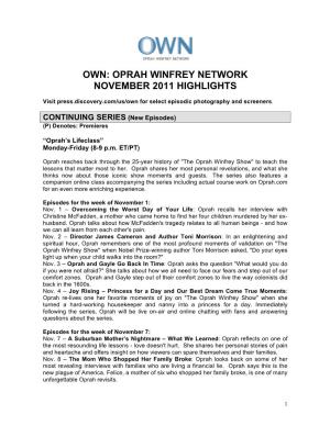 Oprah Winfrey Network November 2011 Highlights