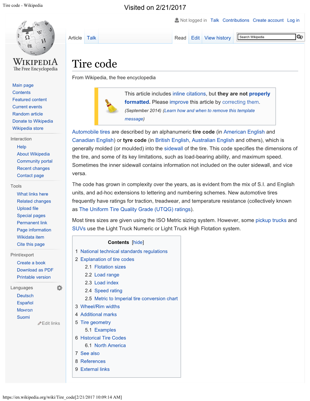 Tire Code - Wikipedia Visited on 2/21/2017