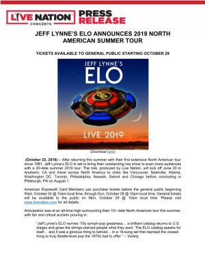 Jeff Lynne's Elo Announces 2019 North American