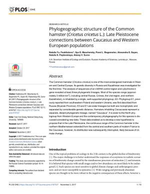 Phylogeographic Structure of the Common Hamster (Cricetus Cricetus L.): Late Pleistocene Connections Between Caucasus and Western European Populations
