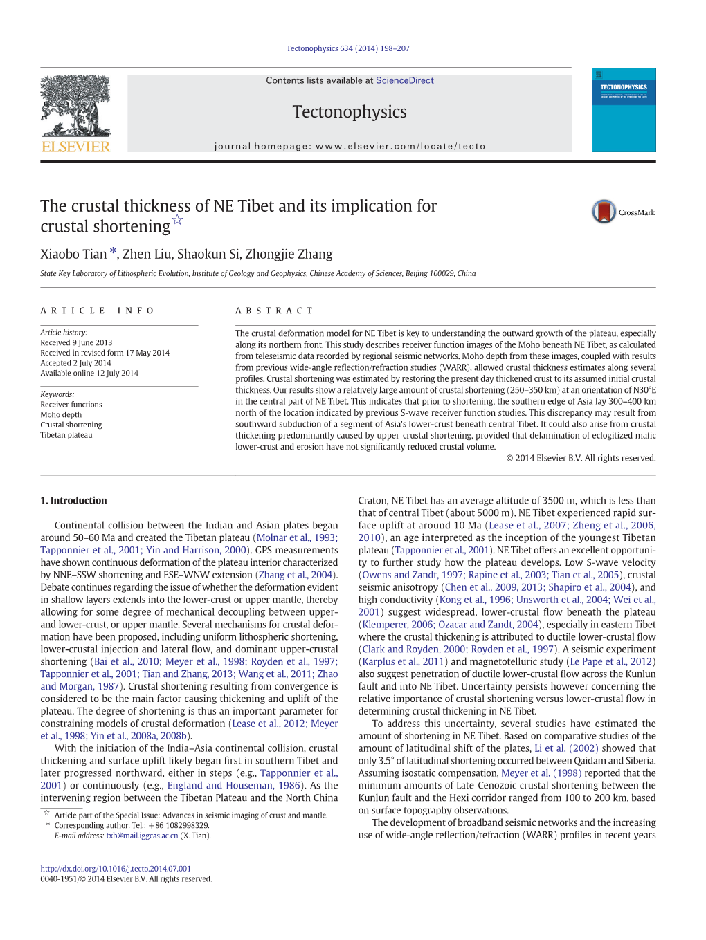 The Crustal Thickness of NE Tibet and Its Implication for Crustal Shortening☆