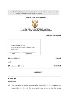 REPUBLIC of SOUTH AFRICA in the HIGH COURT of SOUTH AFRICA GAUTENG LOCAL DIVISION, JOHANNESBURG CASE NO.: 2013/00875 in the Matt