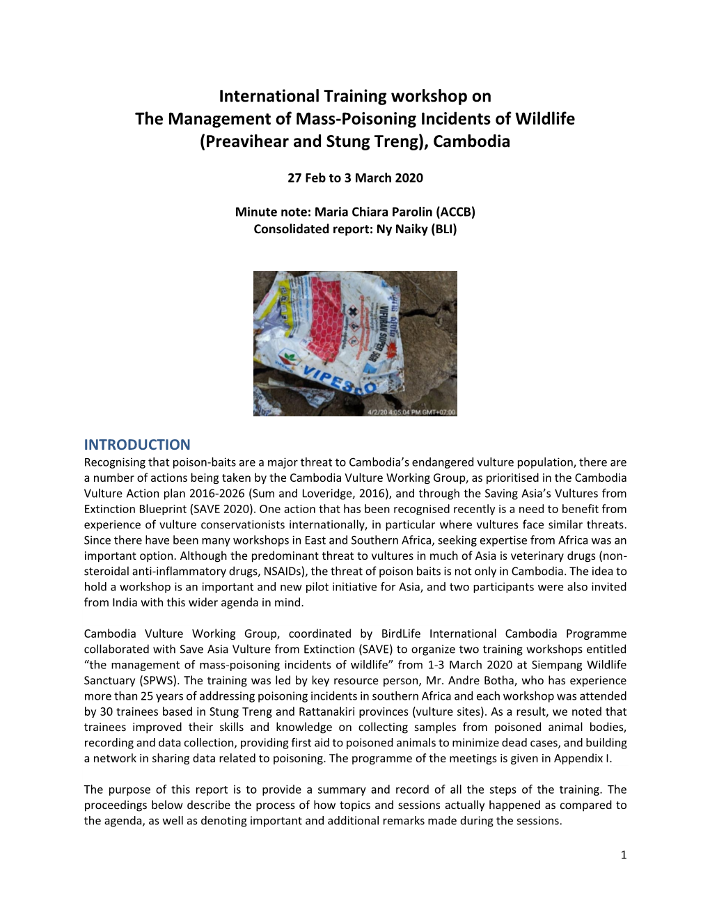 International Training Workshop on the Management of Mass-Poisoning Incidents of Wildlife (Preavihear and Stung Treng), Cambodia