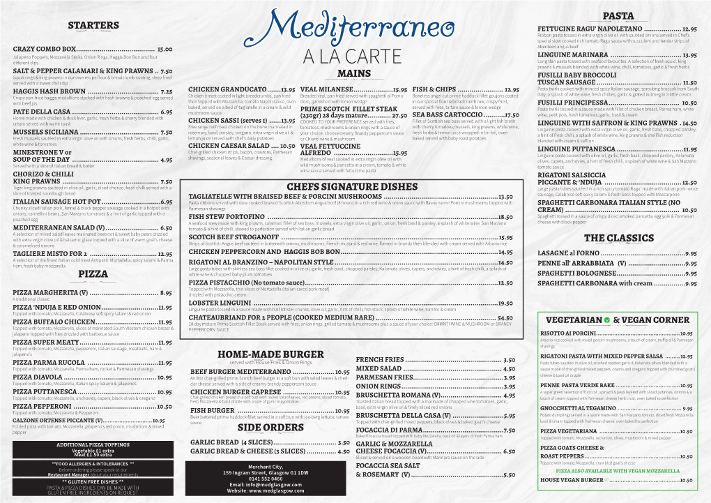 A La Carte Menu