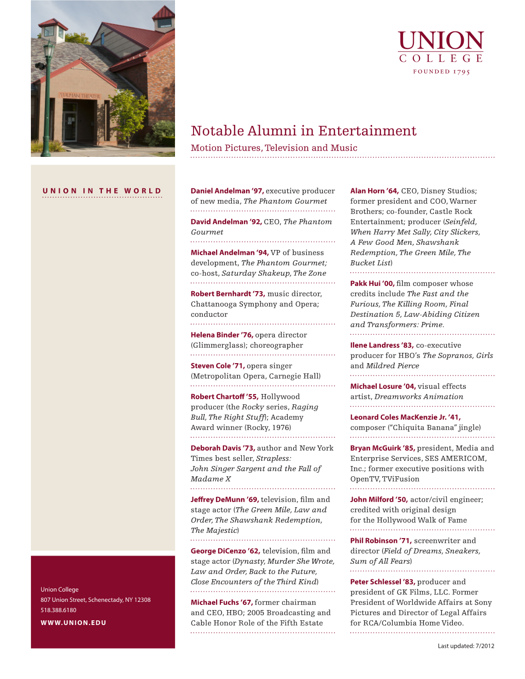 Notable Alumni in Entertainment Motion Pictures, Television and Music