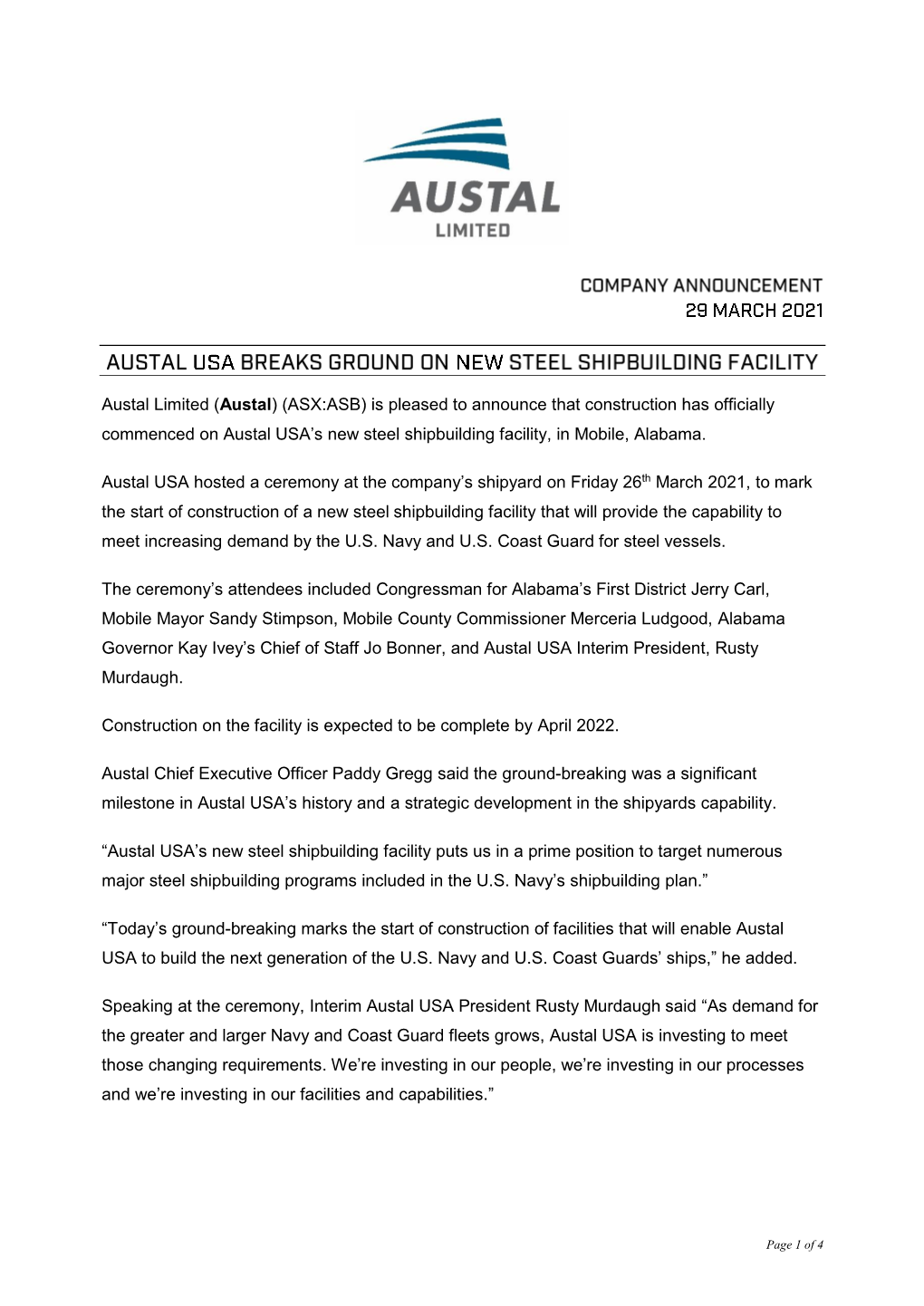 Austal USA Breaks Ground at Steel Shipbuilding Facility