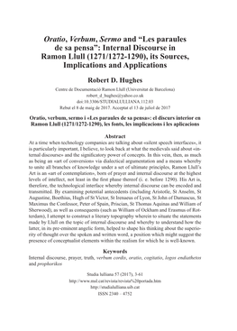Oratio, Verbum, Sermo and “Les Paraules De Sa Pensa”: Internal Discourse in Ramon Llull (1271/1272-1290), Its Sources, Implications and Applications