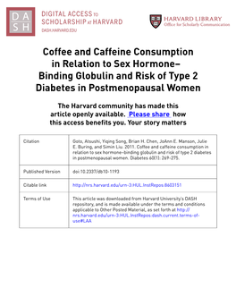 Coffee and Caffeine Consumption in Relation to Sex Hormone– Binding Globulin and Risk of Type 2 Diabetes in Postmenopausal Women
