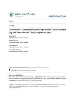Distribution of Submerged Aquatic Vegetation in the Chesapeake Bay and Tributaries and Chincoteague Bay - 1992