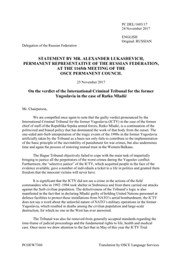 STATEMENT by MR. ALEXANDER LUKASHEVICH, PERMANENT REPRESENTATIVE of the RUSSIAN FEDERATION, at the 1165Th MEETING of the OSCE PERMANENT COUNCIL