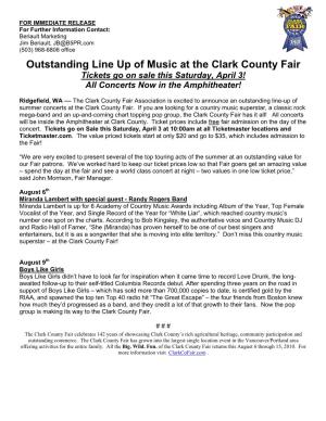 Outstanding Line up of Music at the Clark County Fair Tickets Go on Sale This Saturday, April 3! All Concerts Now in the Amphitheater!