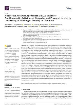 Adenosine Receptor Agonist HE-NECA Enhances Antithrombotic Activities of Cangrelor and Prasugrel in Vivo by Decreasing of Fibrinogen Density in Thrombus