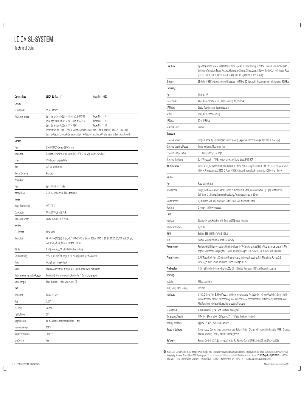 LEICA SL-SYSTEM Technical Data